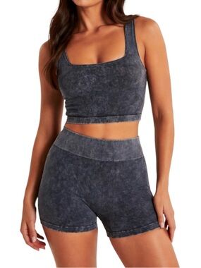 NEW ANWND Ribbed Matching Set Mineral Wash Gray Cropped Tank Biker Shorts M / L